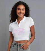 2 white Polo Crop Top pink HEY PRETTY WANNA DATE ME? YES = SMILE NO = BACKFLIP #color_white