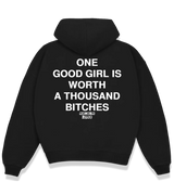 1 black Boxy Hoodie white ONE GOOD GIRL IS WORTH A THOUSAND BITCHES #color_black