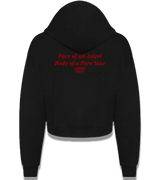 1 black Cropped Zip Hoodie red Face of an Angel Body of a Porn Star #color_black
