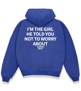 1 blue Boxy Hoodie white I'M THE GIRL HE TOLD YOU NOT TO WORRY ABOUT #color_blue