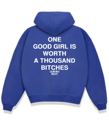 1 blue Boxy Hoodie white ONE GOOD GIRL IS WORTH A THOUSAND BITCHES #color_blue