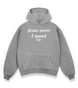 1 grey Boxy Hoodie white Jesus saves I spend #color_grey