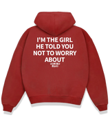 1 red Boxy Hoodie white I'M THE GIRL HE TOLD YOU NOT TO WORRY ABOUT #color_red