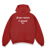 1 red Boxy Hoodie white Jesus saves I spend #color_red