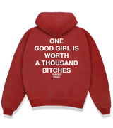1 red Boxy Hoodie white ONE GOOD GIRL IS WORTH A THOUSAND BITCHES #color_red