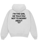 1 white Boxy Hoodie black I'M THE GIRL HE TOLD YOU NOT TO WORRY ABOUT #color_white