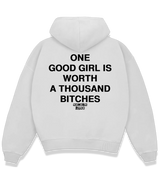 1 white Boxy Hoodie black ONE GOOD GIRL IS WORTH A THOUSAND BITCHES #color_white