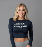 2 navy Cropped Longsleeve white CAUTION I MIGHT HAVE A BLONDE MOMENT #color_navy